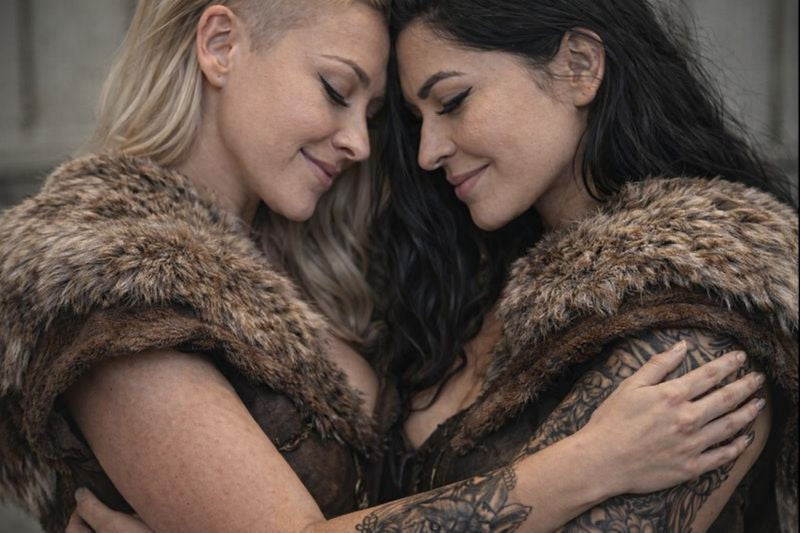 Zwei Wikingerinnen in enger Umarmung mit Schulterfell als Sinnbild für Verbundenheit, Stärke und Gleichrang