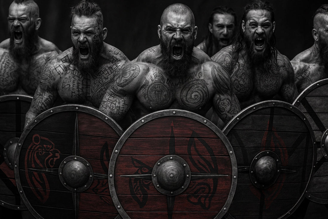 Tätowierte Wikinger stehen im Schildwall, schreien kampfbereit und halten ihre handbemalten Schilde mit nordischen Symbolen wie Wolf und Drache vor sich. Die Szene zeigt rohe Kraft, Zusammenhalt und Entschlossenheit im typischen NORDSKULLS-Stil.