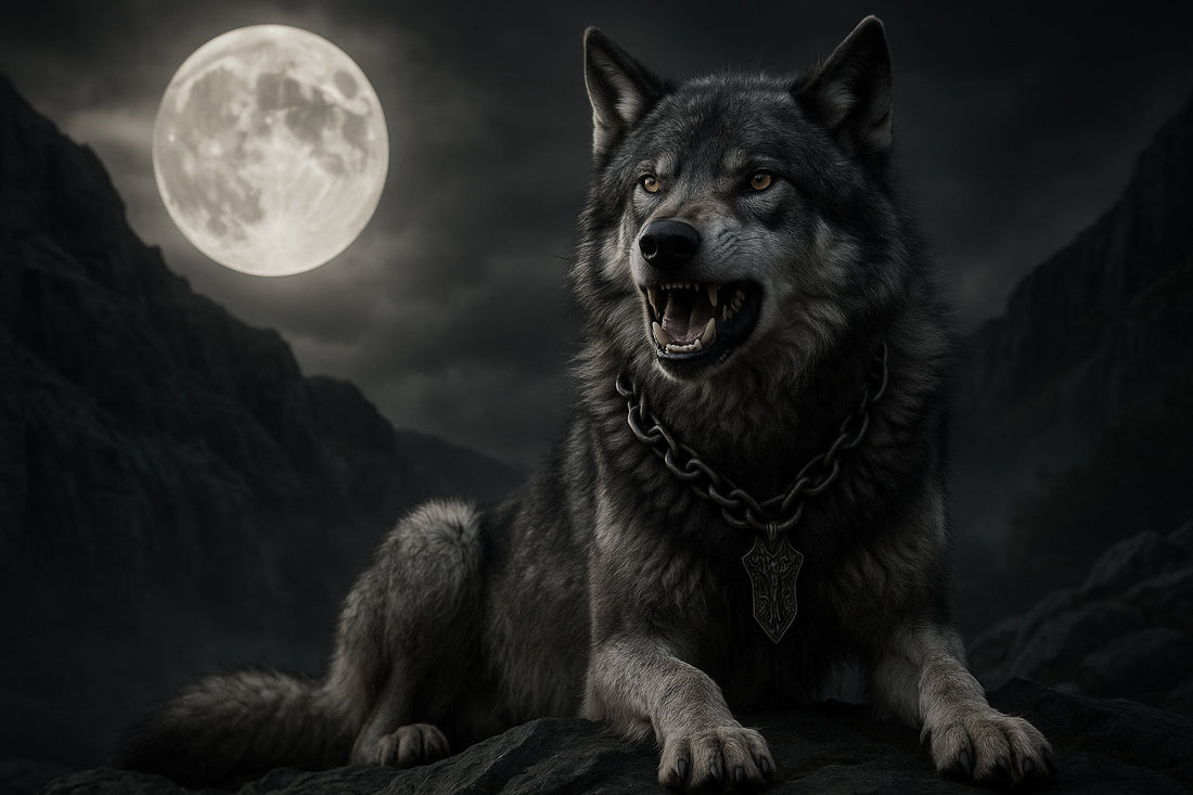 Fenrir-Wolf im Querformat – furchterregender, riesiger Wolf auf Felsen bei Vollmond, Symbol für Stärke und Mythologie.