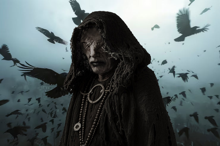 DER SEHER – Wikinger-Seher KI-Bot mit Kapuze und Krähen im Hintergrund