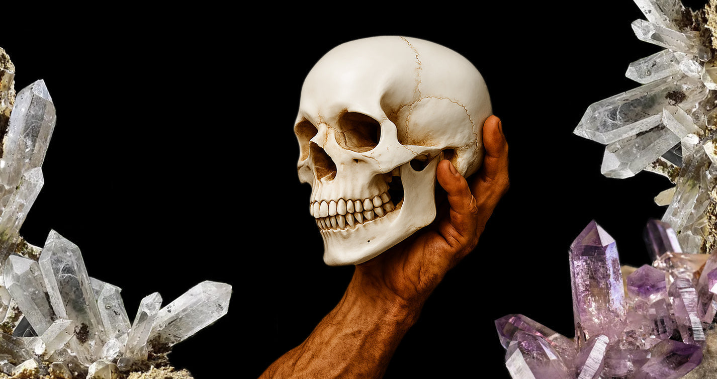 Hand haelt einen polierten Totenschaedel zwischen Amethyst- und Bergkristallen auf schwarzem Hintergrund – Symbol fuer die mystische Verbindung zwischen Kristallen, Erde und nordischer Magie.