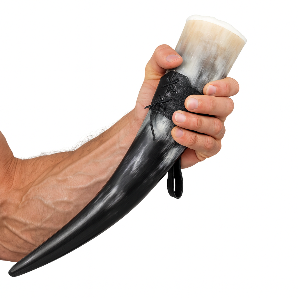 Hand hält ein echtes Wikinger Trinkhorn aus Rinderhorn mit schwarzer Oberfläche auf weissem Hintergrund