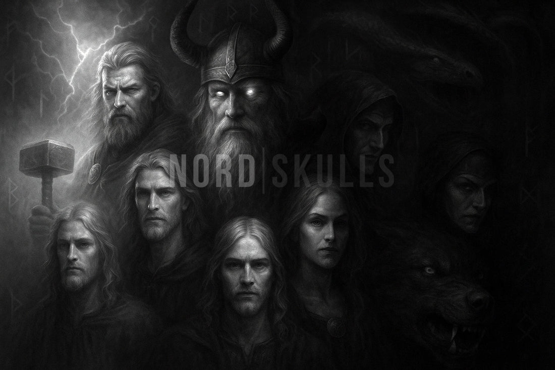 Fotorealistische Collage der Wikinger-Götter in Schwarz-Weiß – links die hellen guten Götter Odin, Thor, Freyja und Baldr, rechts im Schatten die dunklen Figuren Loki, Hel, Fenrir und Jörmungandr. Mystische Darstellung mit Runen und dramatischem Licht.