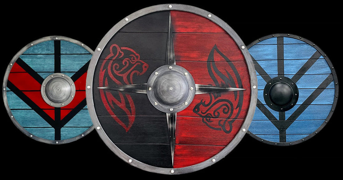 Echte Wikinger Schilde aus Holz – handbemalte Rundschilde in Blau, Rot und Silber mit nordischen Mustern