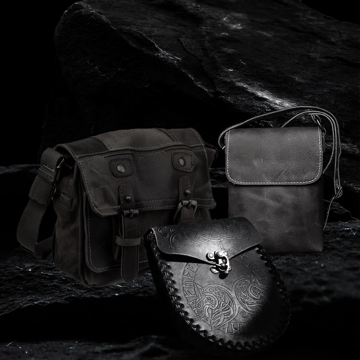 Echtleder-Taschen aus Rindsleder – Umhängetasche, Handtasche und Ledertasche auf dunklem Hintergrund