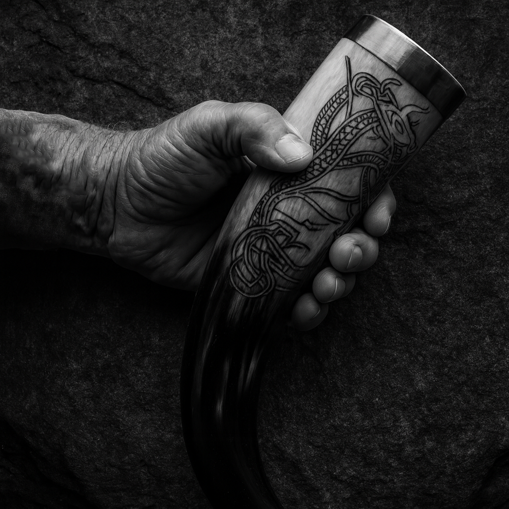 Echtes Wikinger-Trinkhorn aus Horn mit nordischem Muster, von Hand gehalten – handgefertigte Wikinger-Deko & Trinkkultur für Met, Bier & Reenactment | NORDSKULLS