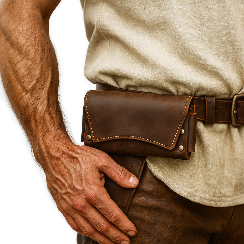 Echt-Leder Gürtel-Tasche | VIKING – getragen an Wikinger-Gürtel, mit kräftiger Männerhand