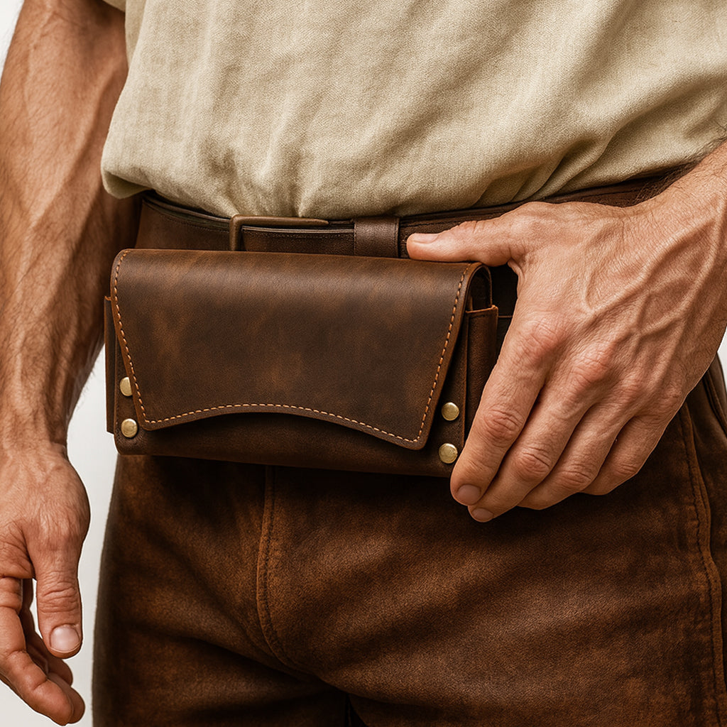 Echt-Leder Gürtel-Tasche | VIKING – braunes Lederholster am Gürtel, realistisch im Einsatz