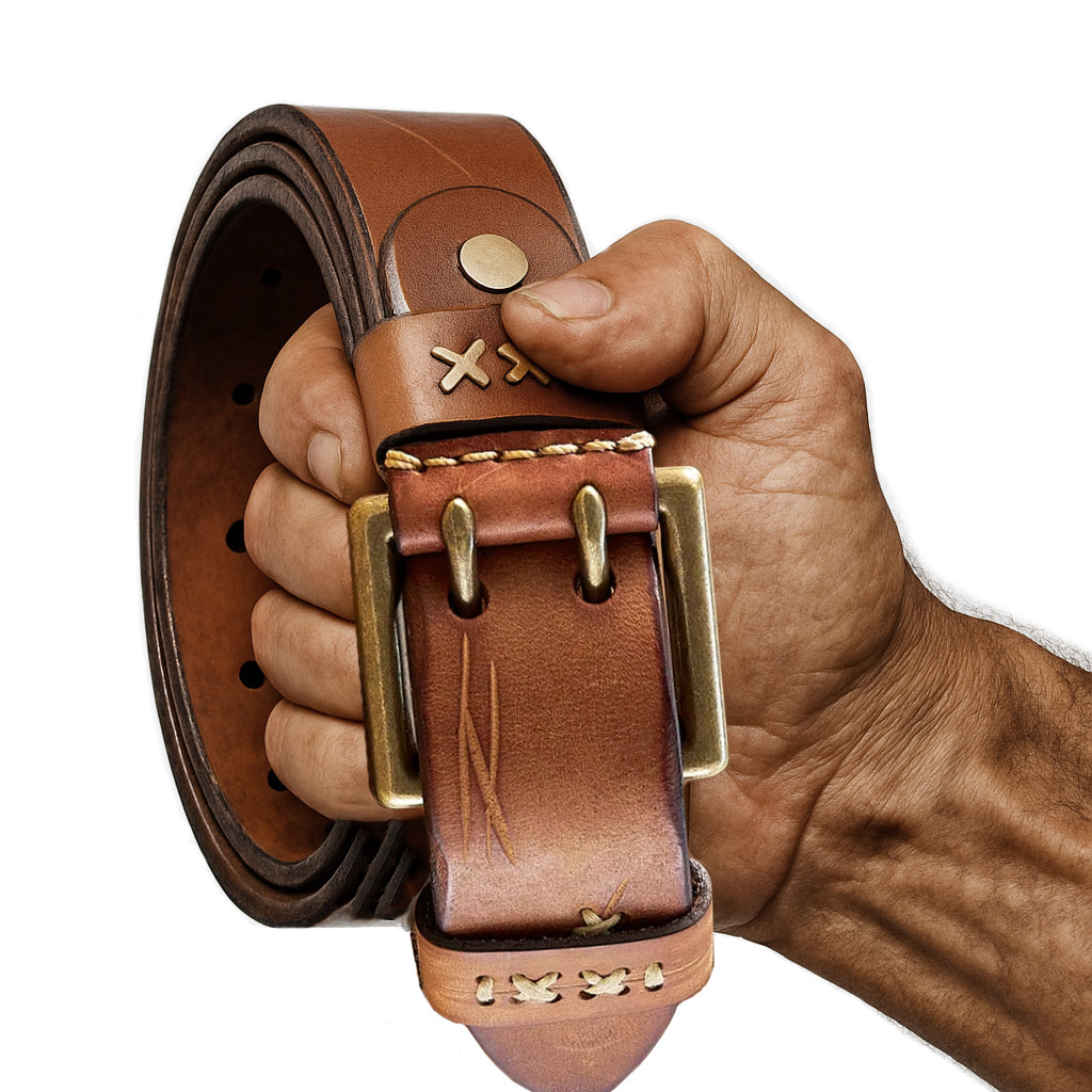 Echt-Leder Gurt BJÖRN – massiver Herren Ledergürtel aus echtem Rindsleder mit handgenähter Doppeldorn-Schnalle, kraftvoll gehalten in einer männlichen Wikinger-Hand – robust, langlebig und ideal für Alltag & Abenteuer.