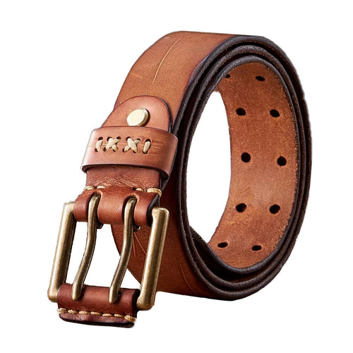 Echt-Leder Gurt BJÖRN – robuster Ledergürtel aus Rindsleder mit Doppeldorn-Schnalle, handgenäht und langlebig, in Wikinger-Optik.