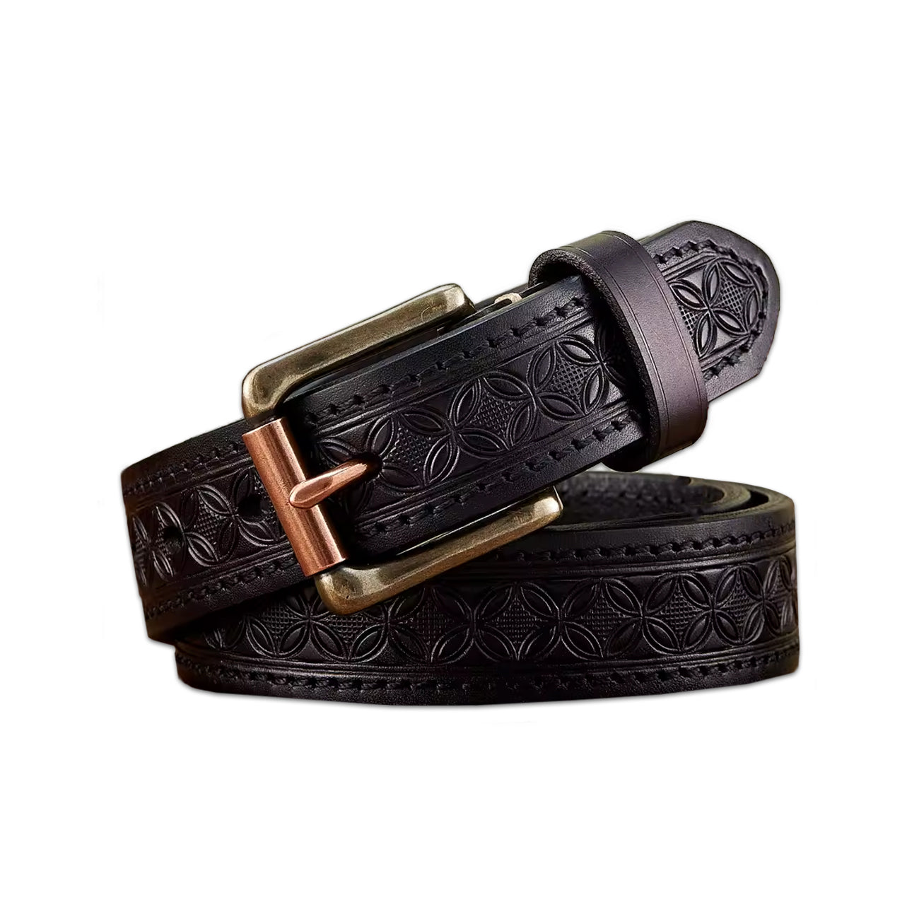 Herren Echtleder-Gürtel aus Rindsleder mit geprägtem Muster und Metallschnalle – Produktdarstellung