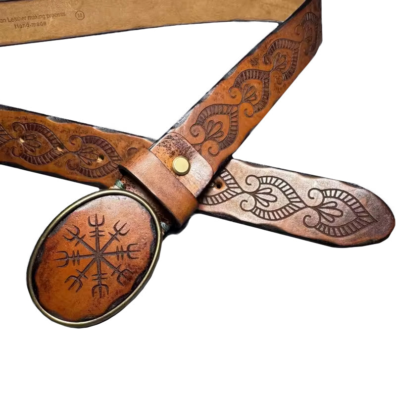 Echtleder Gürtel mit Vegvisir-Prägung aus Rindsleder – Vorderansicht