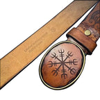 Echtleder Gürtel mit Vegvisir-Symbol und Messingschnalle – Detailansicht