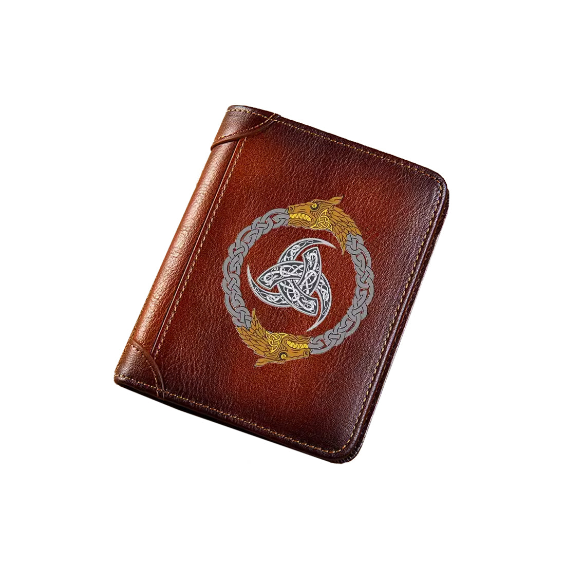 Echt-Leder Geldbörse VIKING OATH – braune Wikinger Brieftasche aus Rindsleder mit keltischem Knotenmuster und Drachen-Ornament