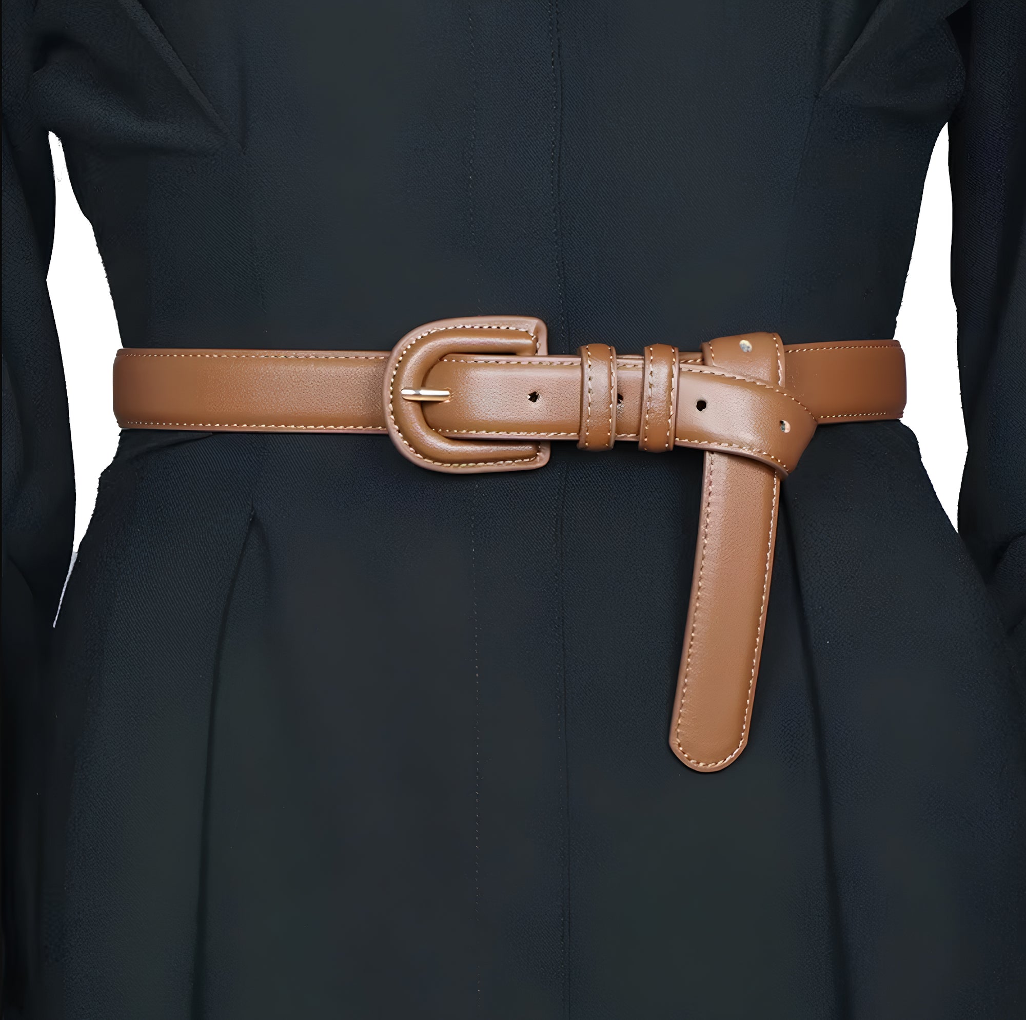 Echtleder-Gurt für Damen aus braunem Rindsleder – getragen am Kleid, Fokus auf Taille