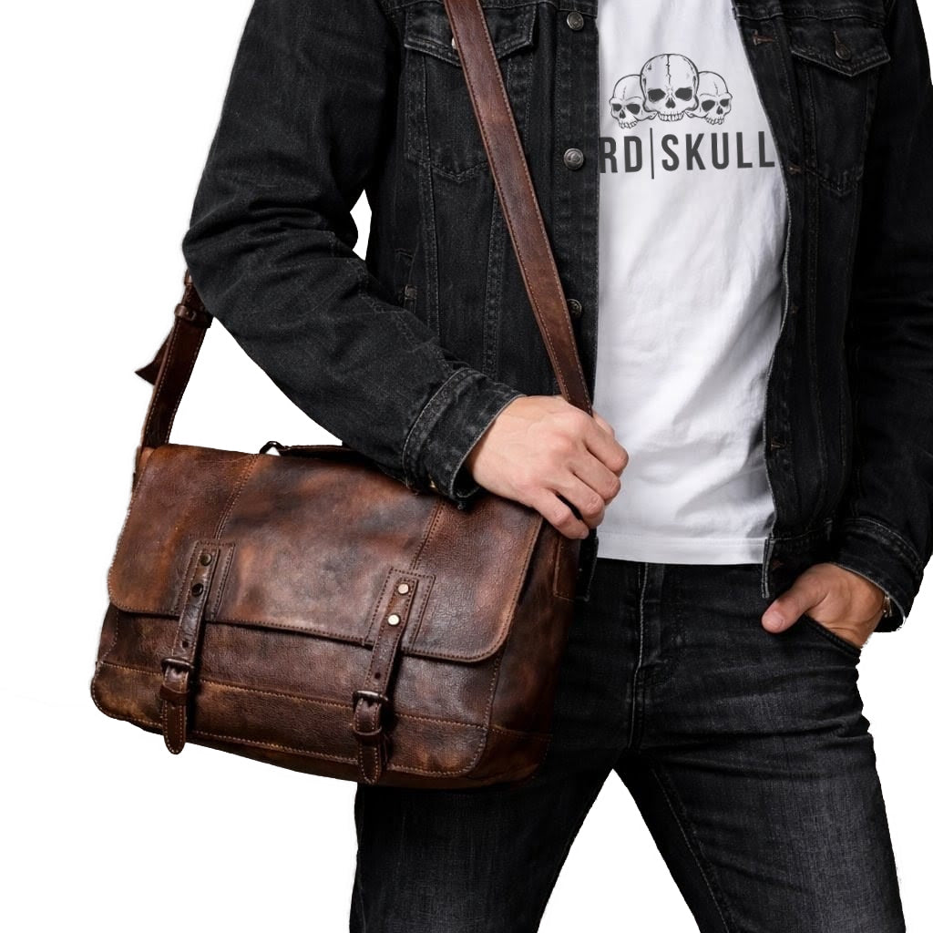 Echtleder Umhängetasche als Messenger Bag getragen – Alltagseinsatz