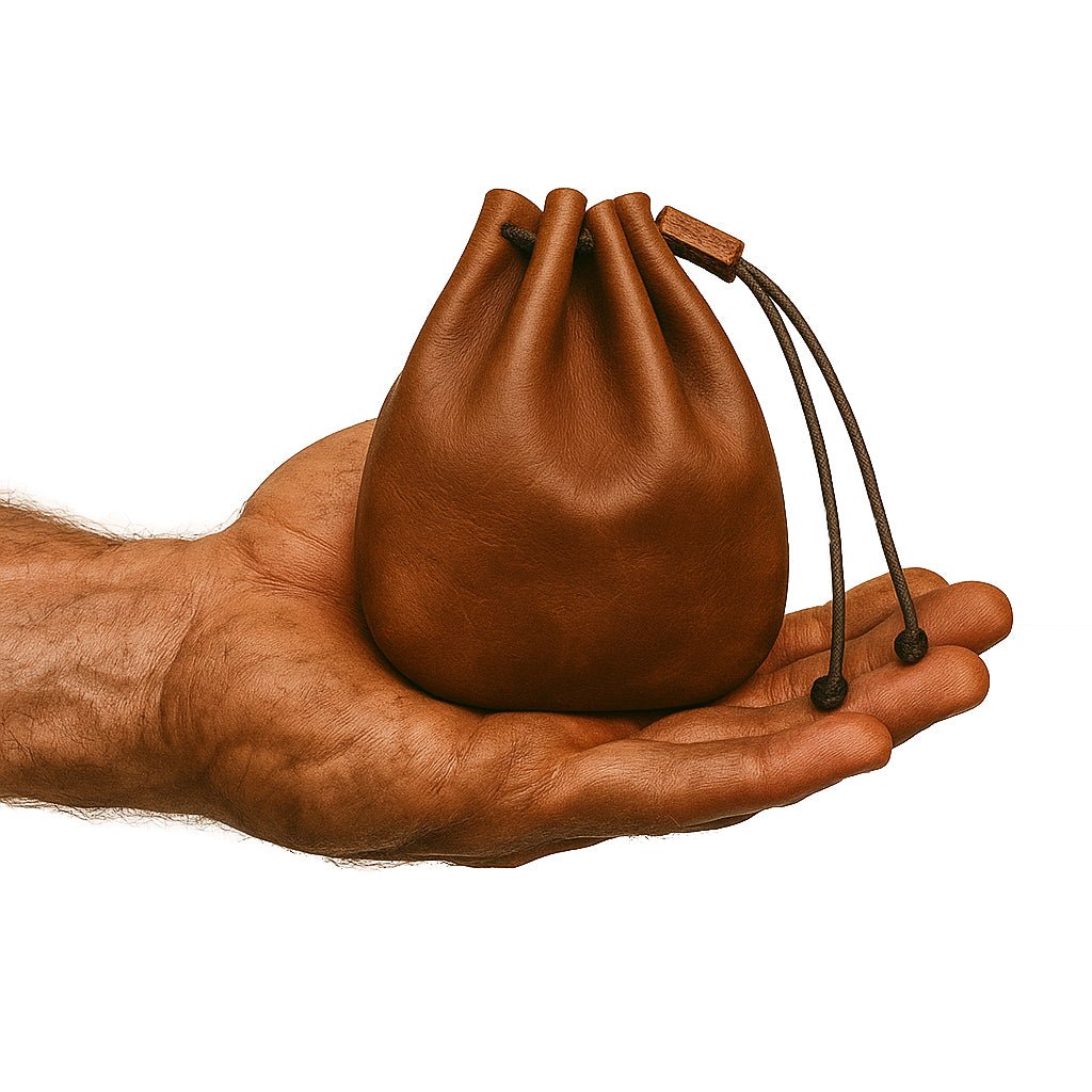 Männliche Hand hält Wikinger Geldbeutel aus echtem Rindsleder – handgefertigter Mittelalter Lederbeutel von Nordskulls