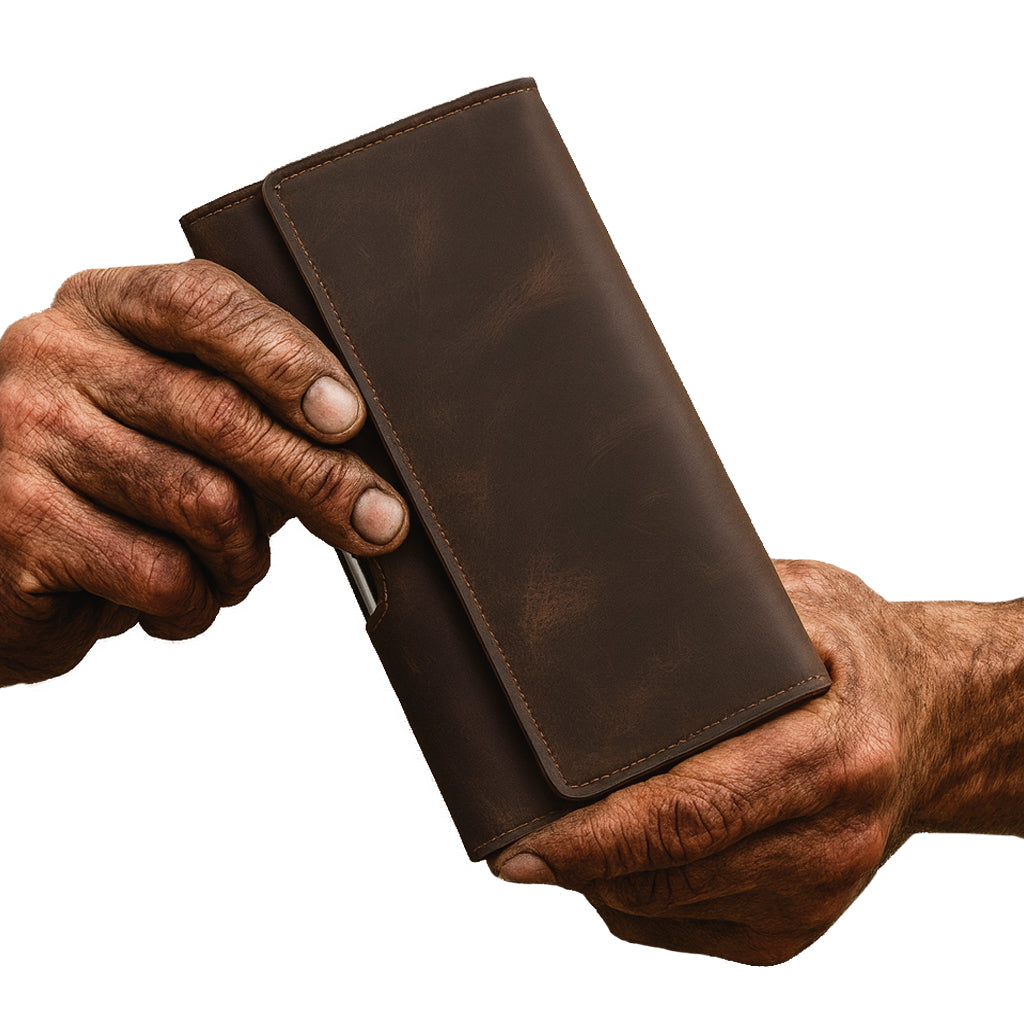 Gürtelclip Geldbörse | FJÄLL-RIND – braune Echtledertasche aus Crazy Horse Leder, gehalten in kräftigen, muskulösen Wikingerhänden vor weissem Hintergrund