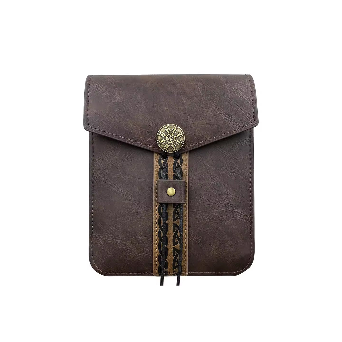 Gürteltasche im Mittelalter LARP Stil aus braunem Kunstleder mit Triskelion-Symbol – inspiriert von nordischer Handwerkskunst