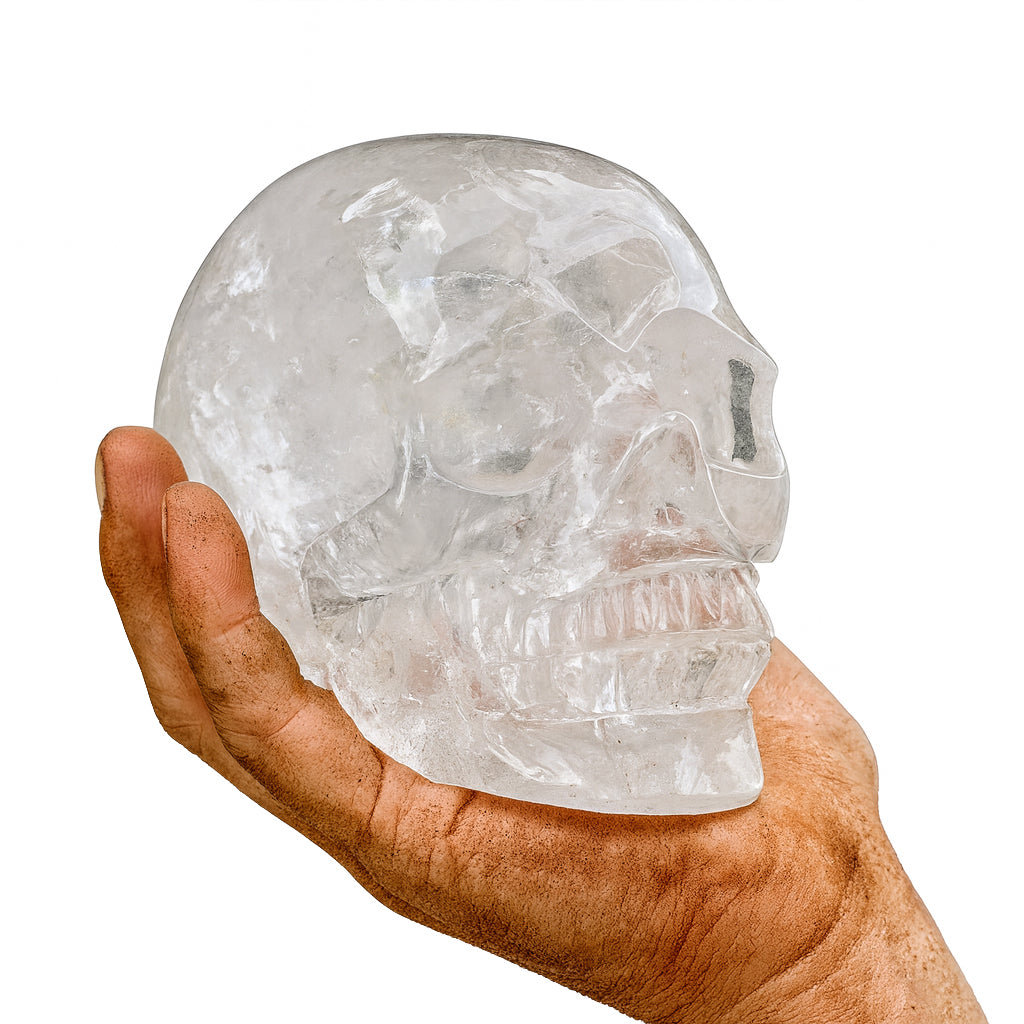 Grosser Kristall-Totenkopf aus echtem Bergkristall (1500–1600 g) – gehalten in kräftiger, leicht verschmutzter Männerhand. Handgeschliffener Kristallschädel, Symbol für Stärke, Klarheit, Energie und nordische Handwerkskunst.