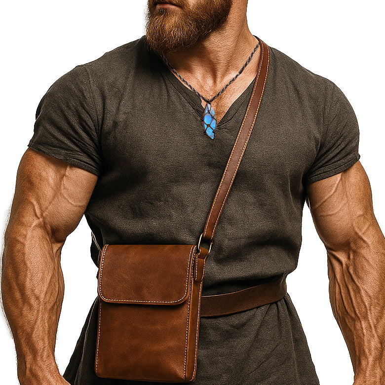 Wikinger trägt Labradorit Kristall Halskette | MONDSTEIN Anhänger aus echtem Naturstein | Handgefertigter Schmuck von NORDSKULLS