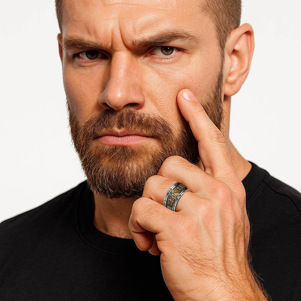 Runen Ring VIKING aus 925 Silber – getragen von einem Wikinger Modell, markante Pose mit Hand am Gesicht, detailreicher Silberring mit nordischen Runen