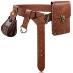 Taillengürtel aus PU-Leder im Mittelalter LARP Stil – brauner Gürtel mit Tasche, Beutel und Messingbeschlägen, inspiriert von Wikinger-Designs, Nordskulls Stil