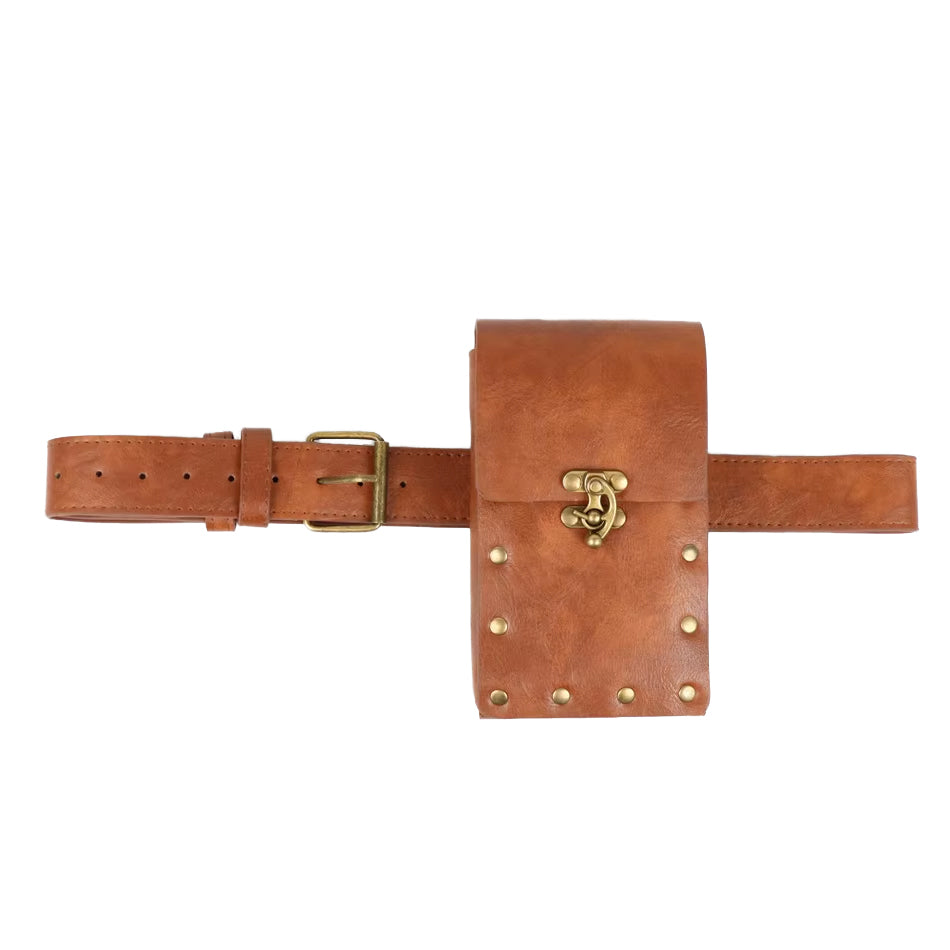 Taillengürtel aus braunem PU-Leder im Mittelalter Stil – LARP Gürtel mit Tasche und Messingbeschlägen
