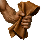 Kräftige, muskulöse Männerhand hält fest ein Stück naturbelassenes, braunes Echtleder vor reinweißem Hintergrund. Detailaufnahme im typischen NORDSKULLS-Stil – Symbol für Stärke, Handwerkskunst und authentische Lederverarbeitung.