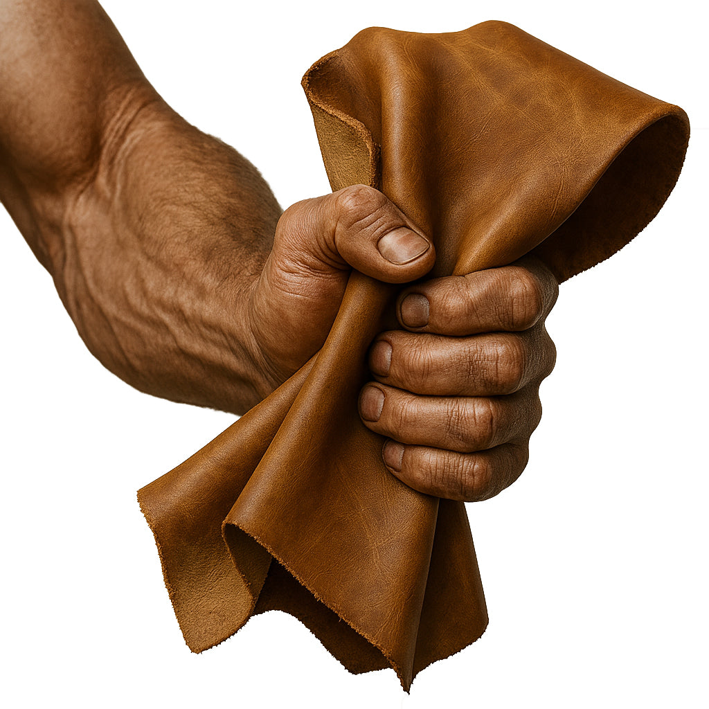 Kräftige, muskulöse Männerhand hält fest ein Stück naturbelassenes, braunes Echtleder vor reinweißem Hintergrund. Detailaufnahme im typischen NORDSKULLS-Stil – Symbol für Stärke, Handwerkskunst und authentische Lederverarbeitung.