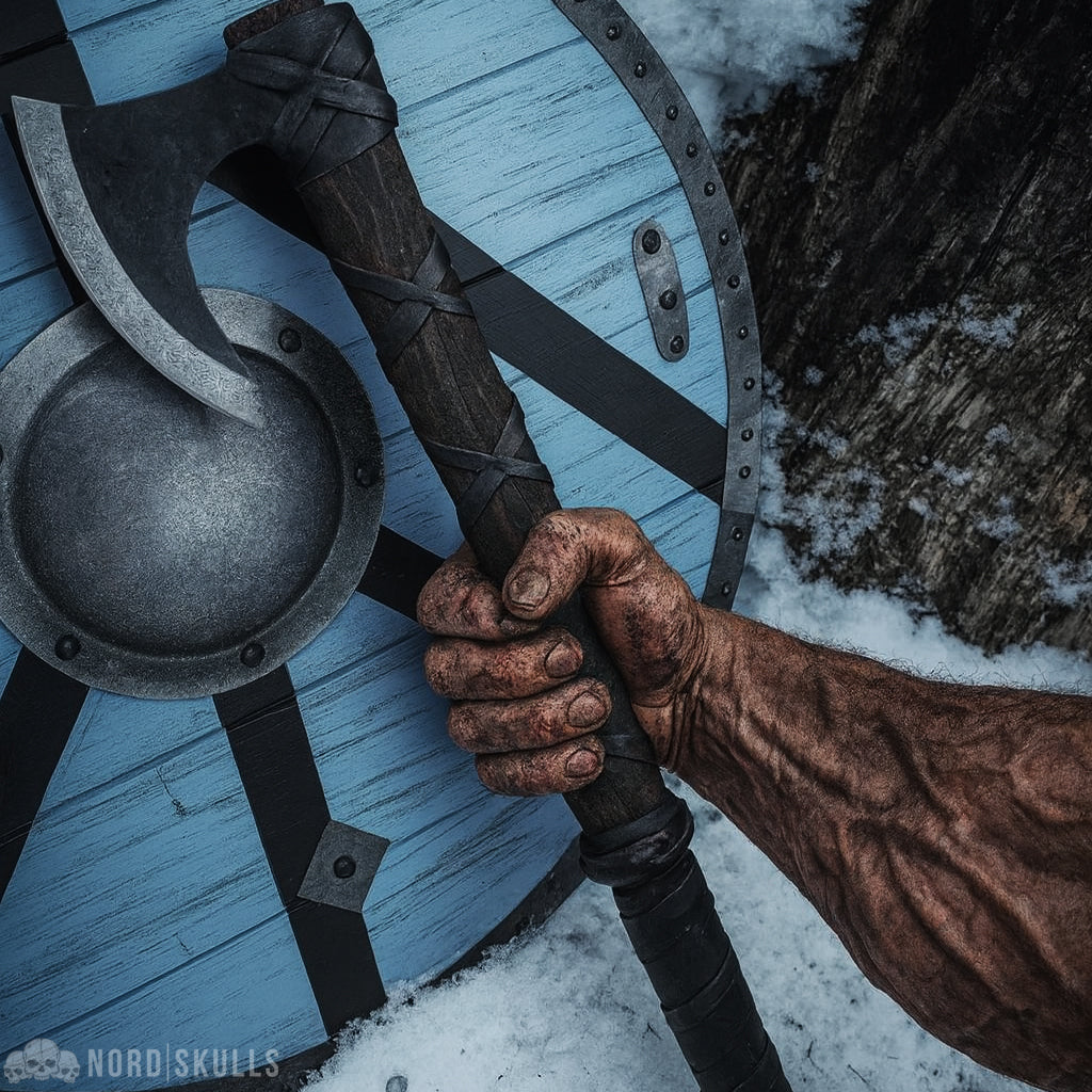Wikinger-Axt „Ragnar“ mit schwarzem Axtschaft – gehalten von kräftiger, muskulöser Hand vor blauem Rundschild im Schnee | NORDSKULLS