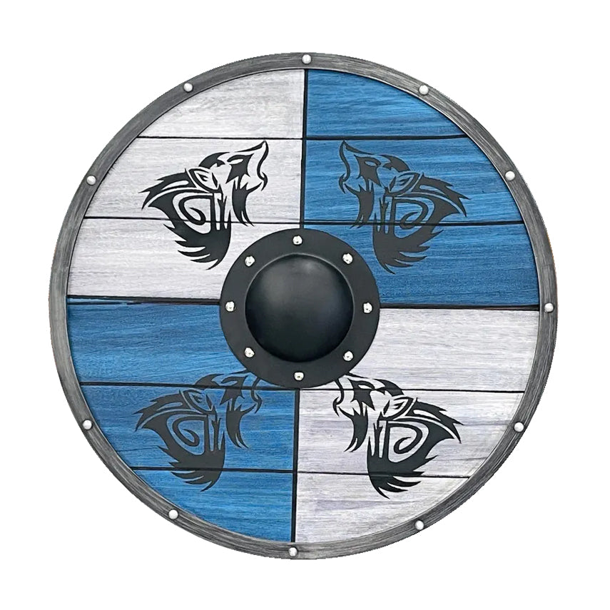 Wikinger Nord-Schild FYRA VARGAR aus Holz in Blau-Weiss mit Wolfsmotiv und vernieteten Metallkanten