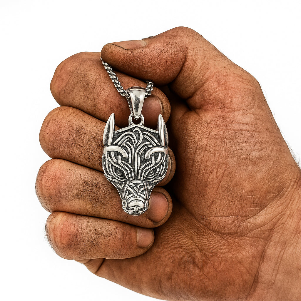 Starke Wikingerhand hält massives Wolfskopf-Amulett aus 925 Sterling Silber