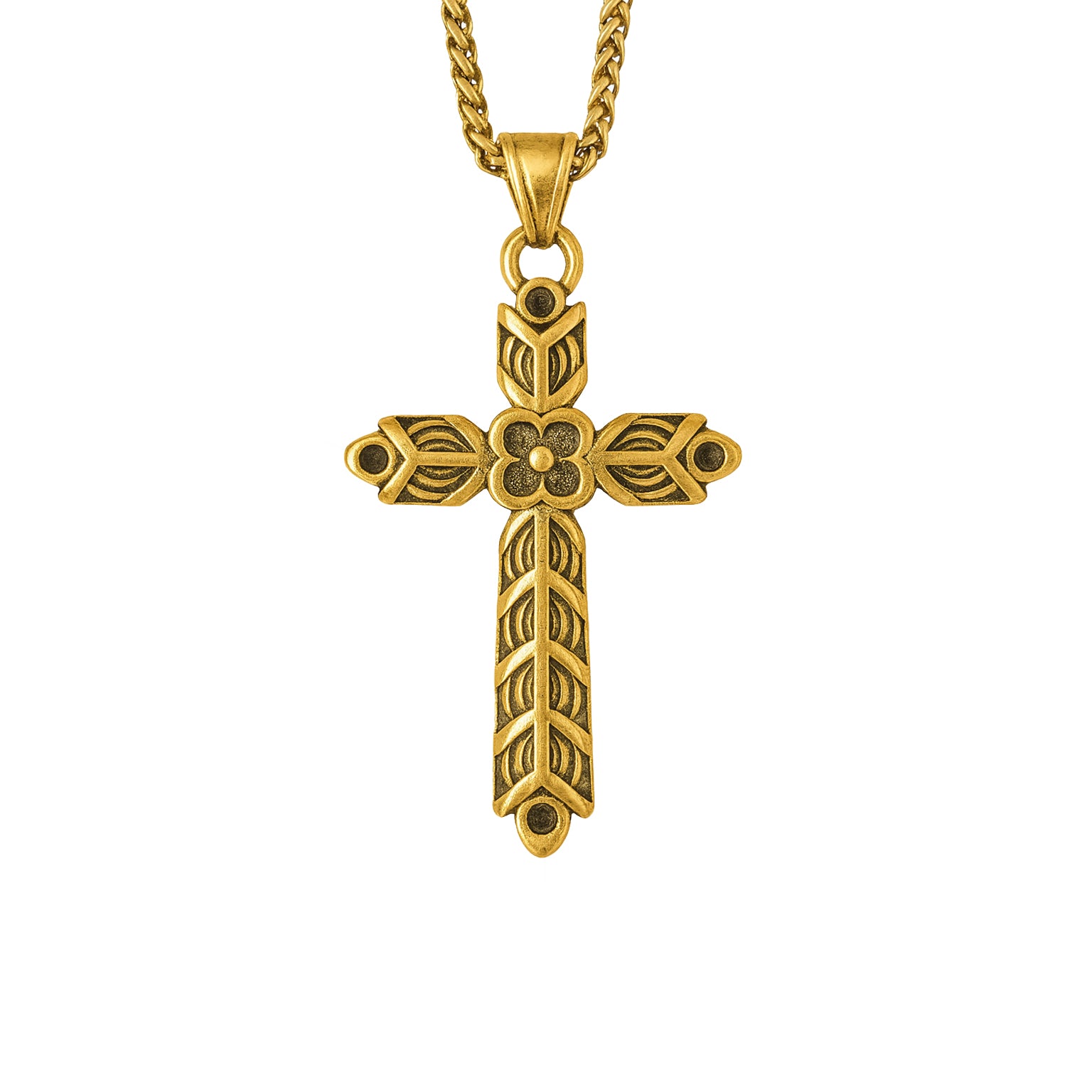 Wikinger Halskette RAGNARS CROSS – goldener Edelstahl Kreuzanhänger mit Ornamenten auf weissem Hintergrund.