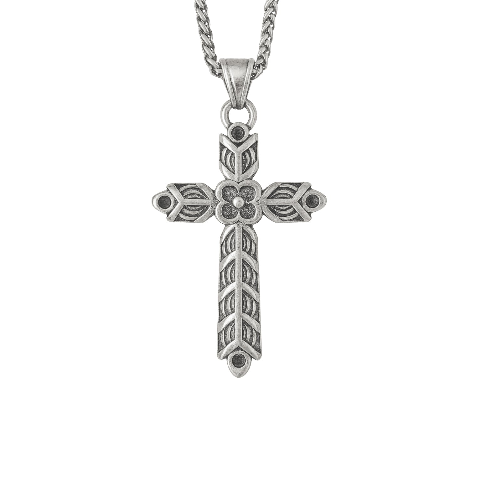 Wikinger Halskette RAGNARS CROSS – silberner Edelstahl Kreuzanhänger mit Ornamenten auf weissem Hintergrund.