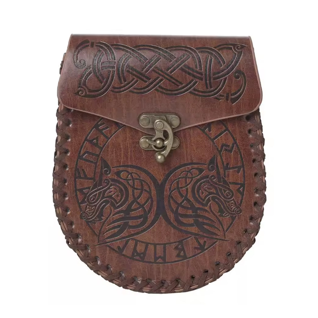 Wikinger Ledertasche FENRIR aus echtem Leder in Braun, handgefertigt mit keltischem Knoten- und Tiermotiv