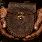 Wikinger Ledertasche FENRIR aus braunem Leder mit keltischem Knoten- und Wolfsmotiv, gehalten von rauen, schmutzigen Wikinger-Händen.
