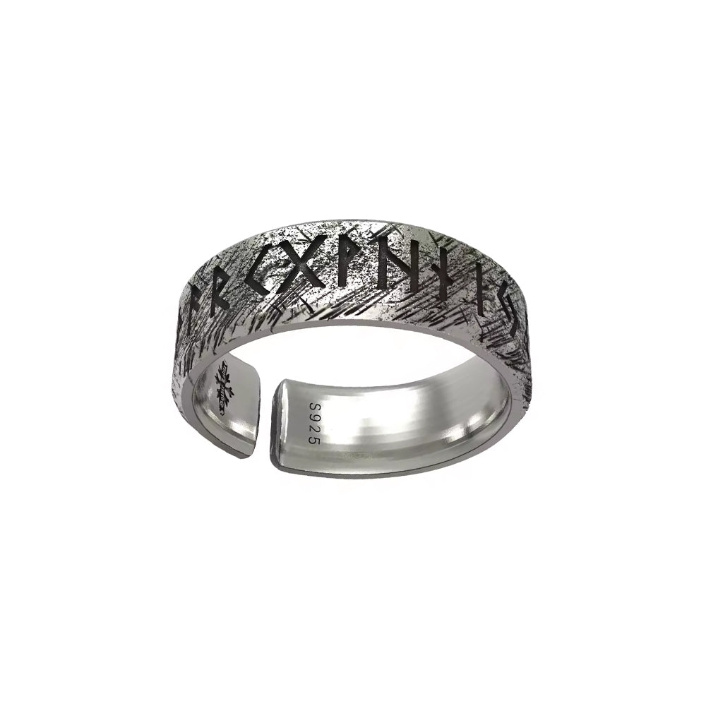 Nordischer Wikinger-Ring aus 925 Sterling Silber mit Runen-Gravur und offenem Design.