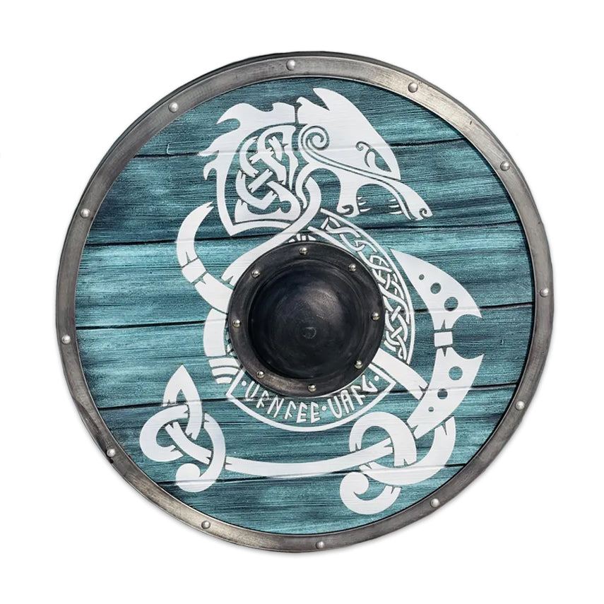 Echtes Wikinger-Schild JÖRMUNGANDR – rundes Drachenschild aus Holz mit Stahlrahmen und Drachenmotiv, inspiriert von der Midgardschlange.