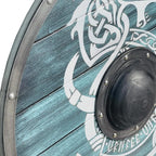 Seitenansicht Wikinger-Schild JÖRMUNGANDR – Drachenschild aus Holz mit Stahlrahmen und Schildbuckel, inspiriert von der Midgardschlange.