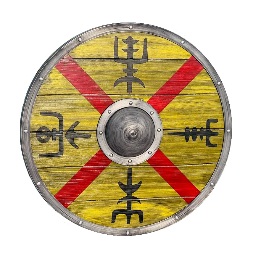 Wikinger-Schild KING FINEHAIR – Rundschild inspiriert von König Harald Schönhaar aus Vikings, gelb mit rotem Kreuz und schwarzen Symbolen, Holz mit Stahlrahmen.
