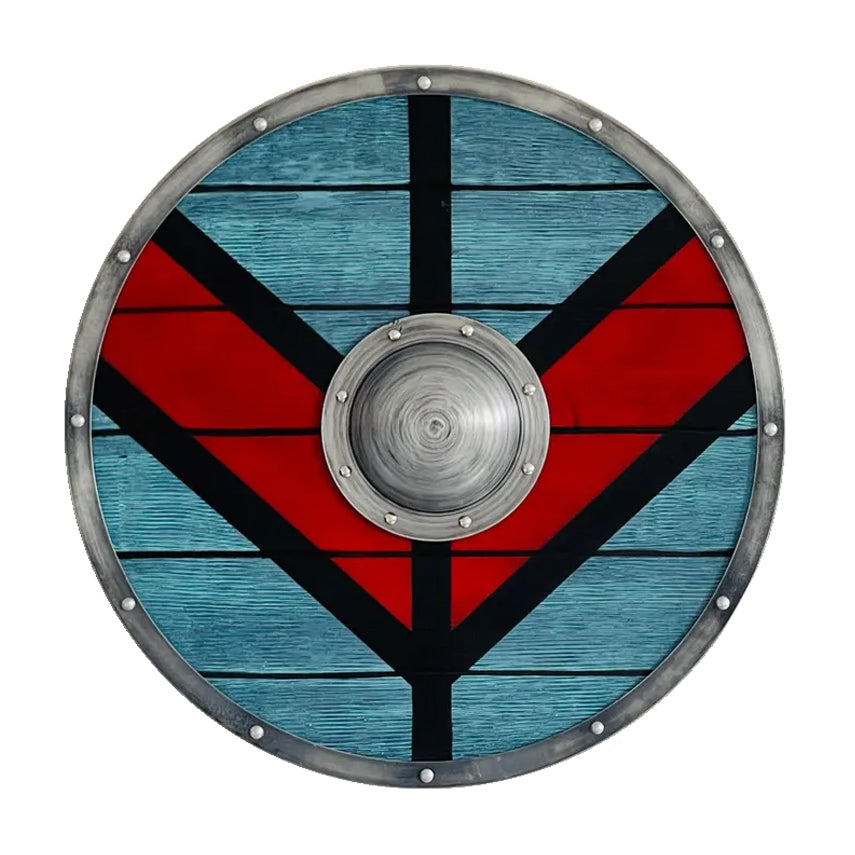 Wikinger-Schild TORVI – Rundschild inspiriert von der Schildmaid Torvi aus Vikings, blau mit rotem Muster, Stahlrahmen und Schildbuckel aus Metall.