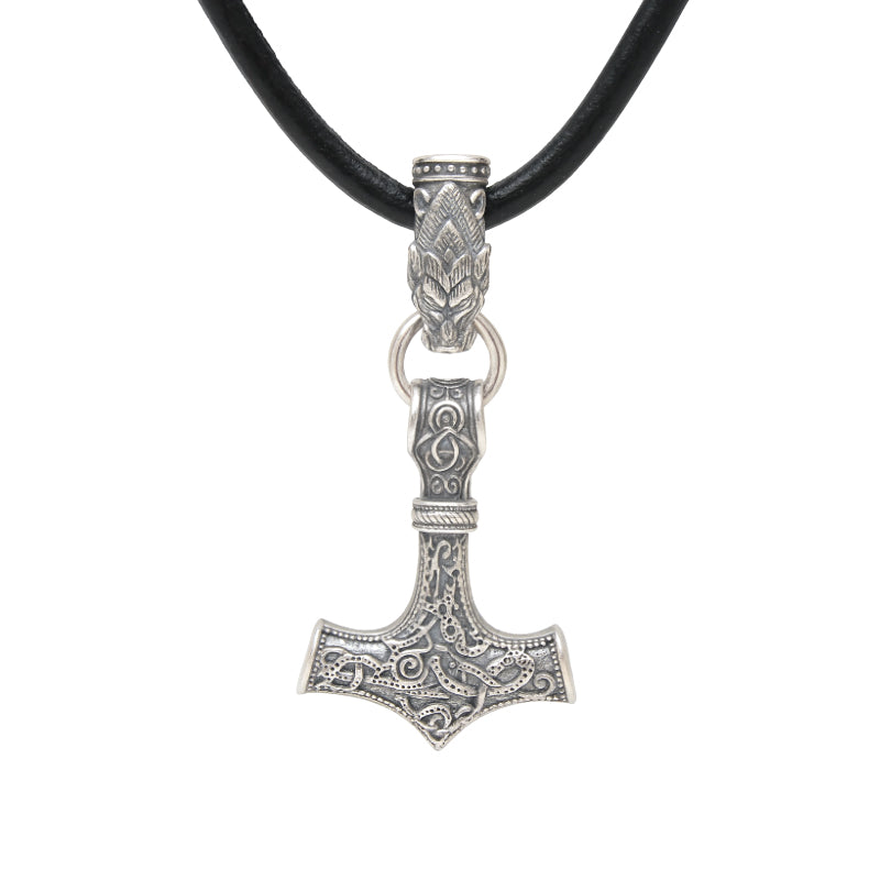 Wikinger Halskette Mjölnir Thors Hammer 925 Silber mit Wolfskopf
