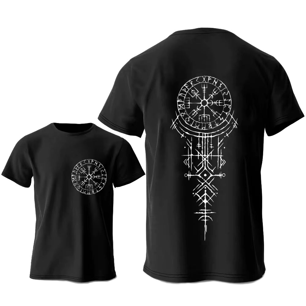 Nordskulls Wikinger T-Shirt RUNEN schwarz – Vorderseite mit Brust Rune, Rückseite mit grossem Vegvisir Symbol