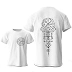 Nordskulls Wikinger T-Shirt RUNEN weiss – Vorderseite mit Brust Symbol, Rückseite mit Runen Vegvisir Design