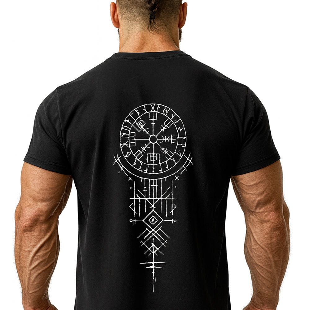 Wikinger T-Shirt RUNEN schwarz – Rückseite mit großem Vegvisir Runen Design und mystischem Wikinger Ornament