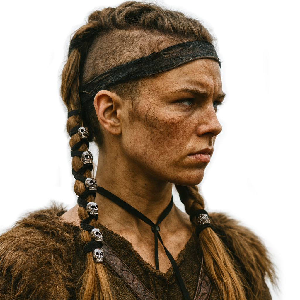 Wikinger-Kriegerin mit geflochtenen Haaren und Leder-Haarband SKULL – schwarze Lederbänder mit silbernen Totenkopf-Perlen, authentischer Nordic-Warrior-Look