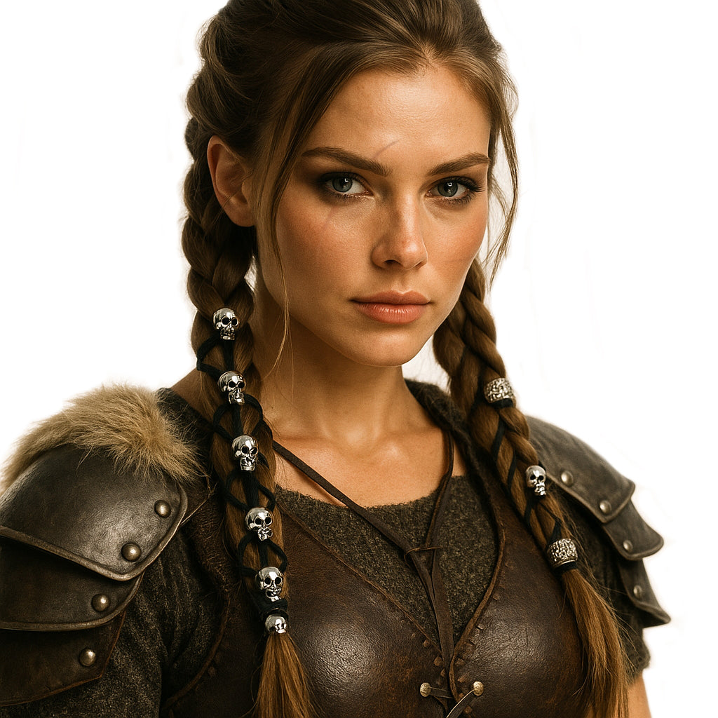 Wikingerin mit Leder-Haarband SKULLS – geflochtene Zöpfe mit schwarzen Lederbändern und silbernen Totenkopf-Perlen, nordisches Kriegerin-Outfit mit Lederrüstung