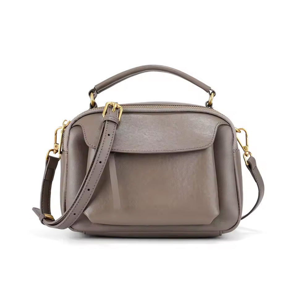 Echtleder Handtasche Damen in Grau aus echtem Rindsleder, kompakte Schulter- und Umhängetasche, formstabil und alltagstauglich