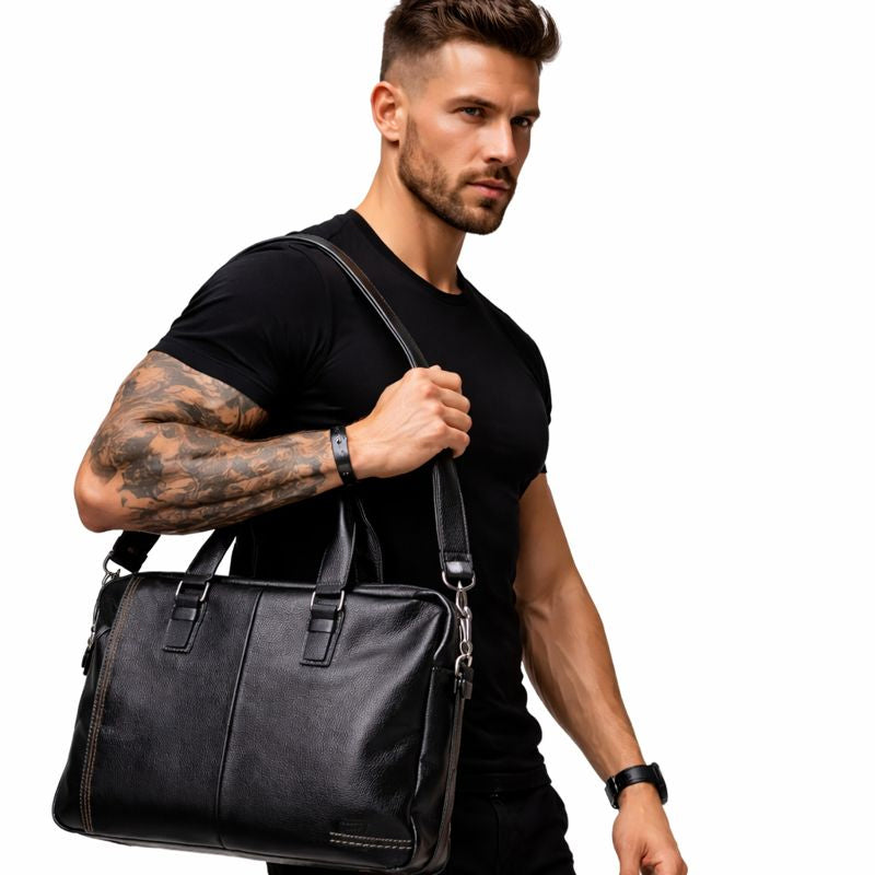 Herren Echtleder Tasche schwarz, Business Ledertasche aus echtem Leder getragen von Modell